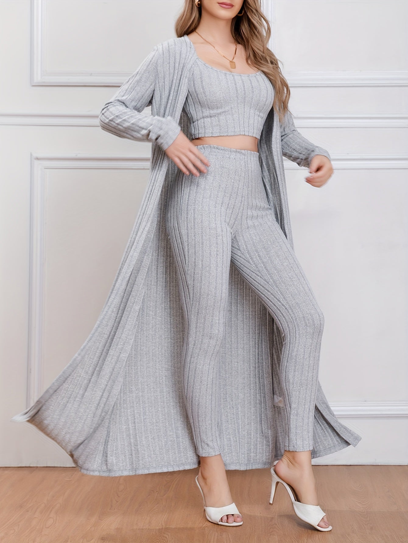 Women's Plus 3pc Ribbed Cardigan, Tank Top & Pants Set