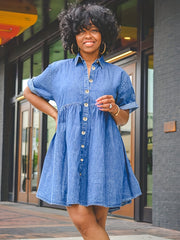 Dark Short Sleeves Denim Dress Tiered Babydoll Single Breasted Button Lapel