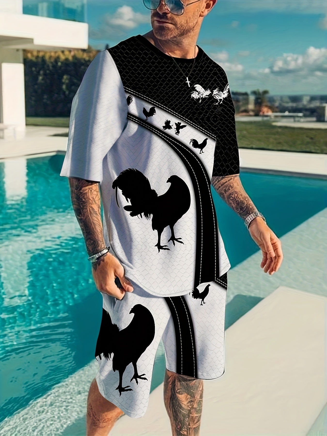 Rooster Pattern Mens 2 Piece Shorts Set Summer Casual Outfit