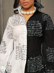 Women's Plus Colorblock Letter Print Long Sleeve Blouse