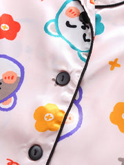Girls Bear Graphic Pajama Set V neck Button Short Sleeve Top & Shorts