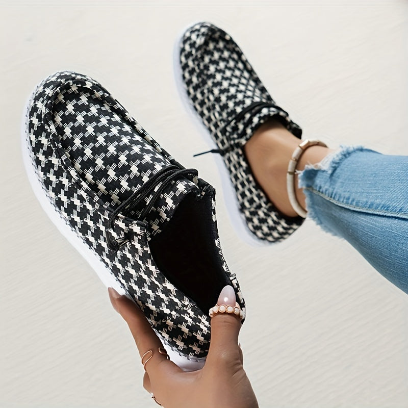 Women's Houndstooth Boat Shoes Lightweight Lace Up Flat Slip On Casual Sneakers