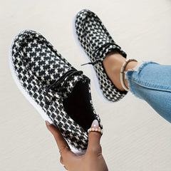 Women's Houndstooth Boat Shoes Lightweight Lace Up Flat Slip On Casual Sneakers