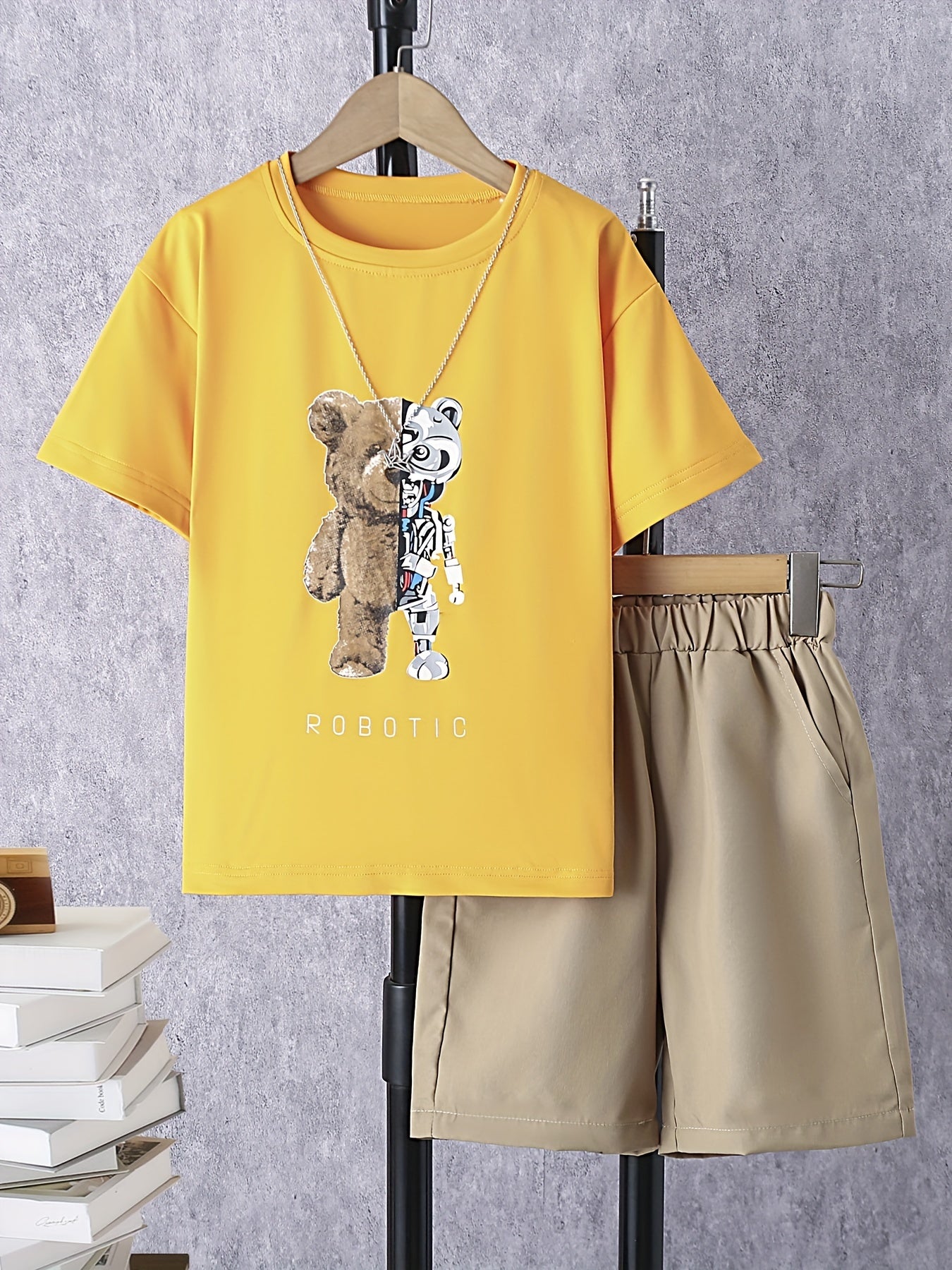 Boys Robotic Bear Graphic Casual Outfit Round Neck T shirt & Shorts Kids