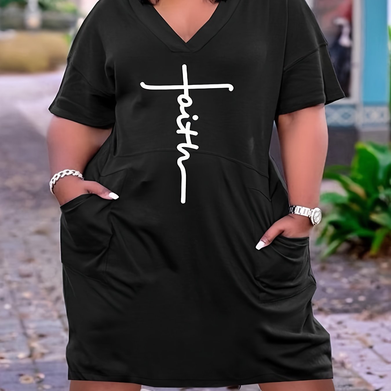 V Neck Short Sleeve Tee Dress With Pocket Women's Plus Medium Stretch