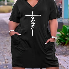 V Neck Short Sleeve Tee Dress With Pocket Women's Plus Medium Stretch