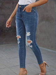 High Stretch Skinny Jeans Whiskering Knee Cut Distressed Denim Pants