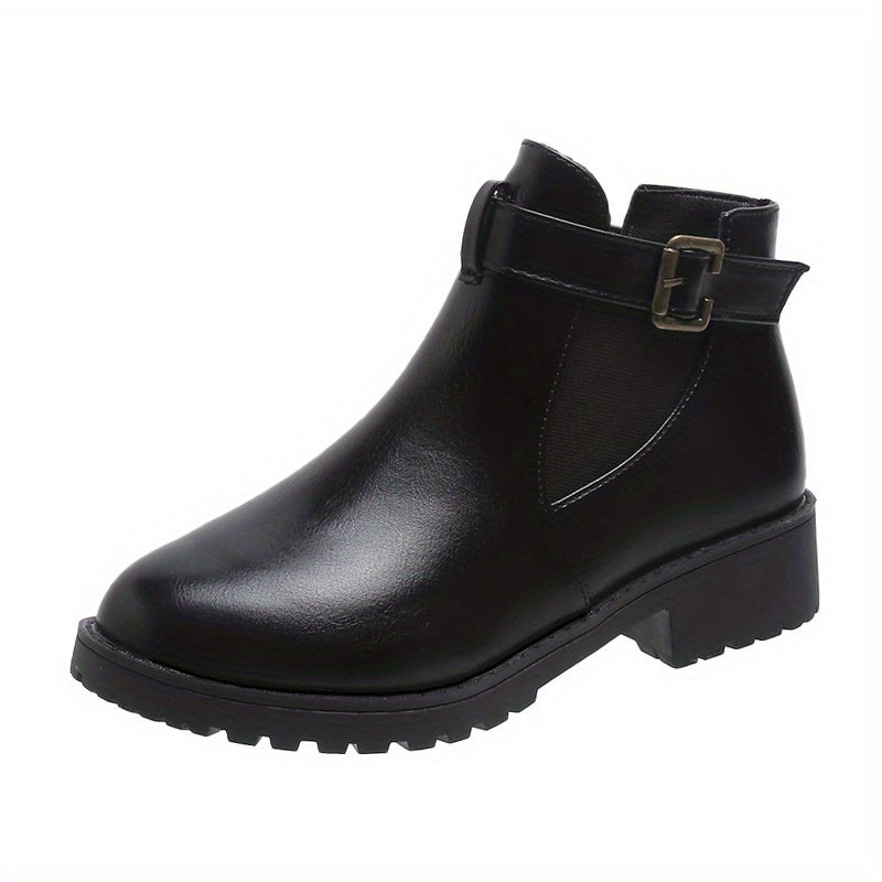 Women's Buckle Ankle Boots Round Toe Block Heel Shoes