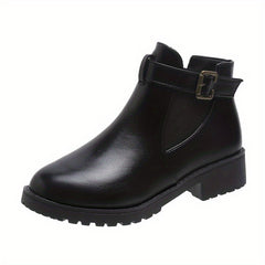 Women's Buckle Ankle Boots Round Toe Block Heel Shoes