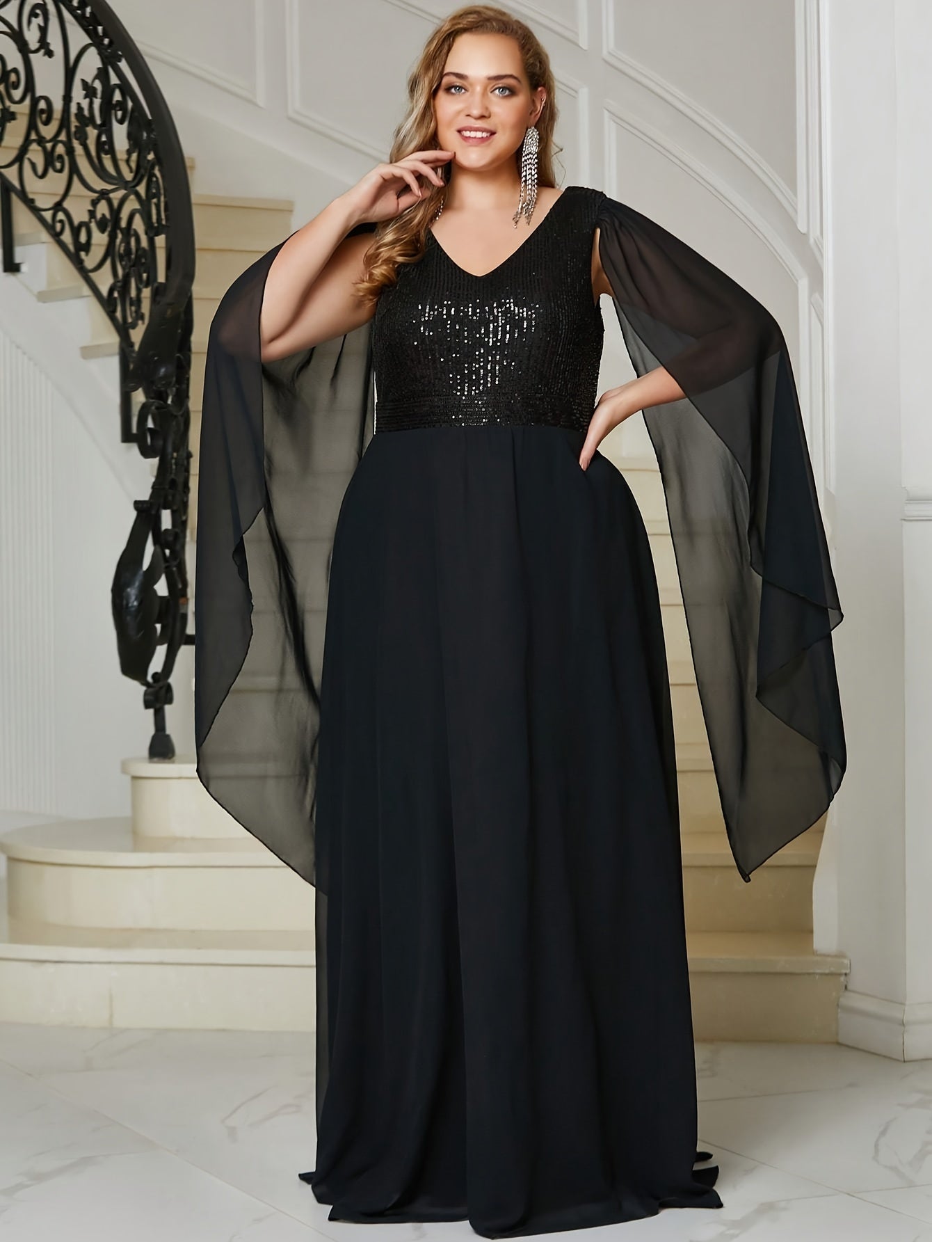 Sequin Decor Cloak Sleeve V Neck Maxi Evening Formal Dress