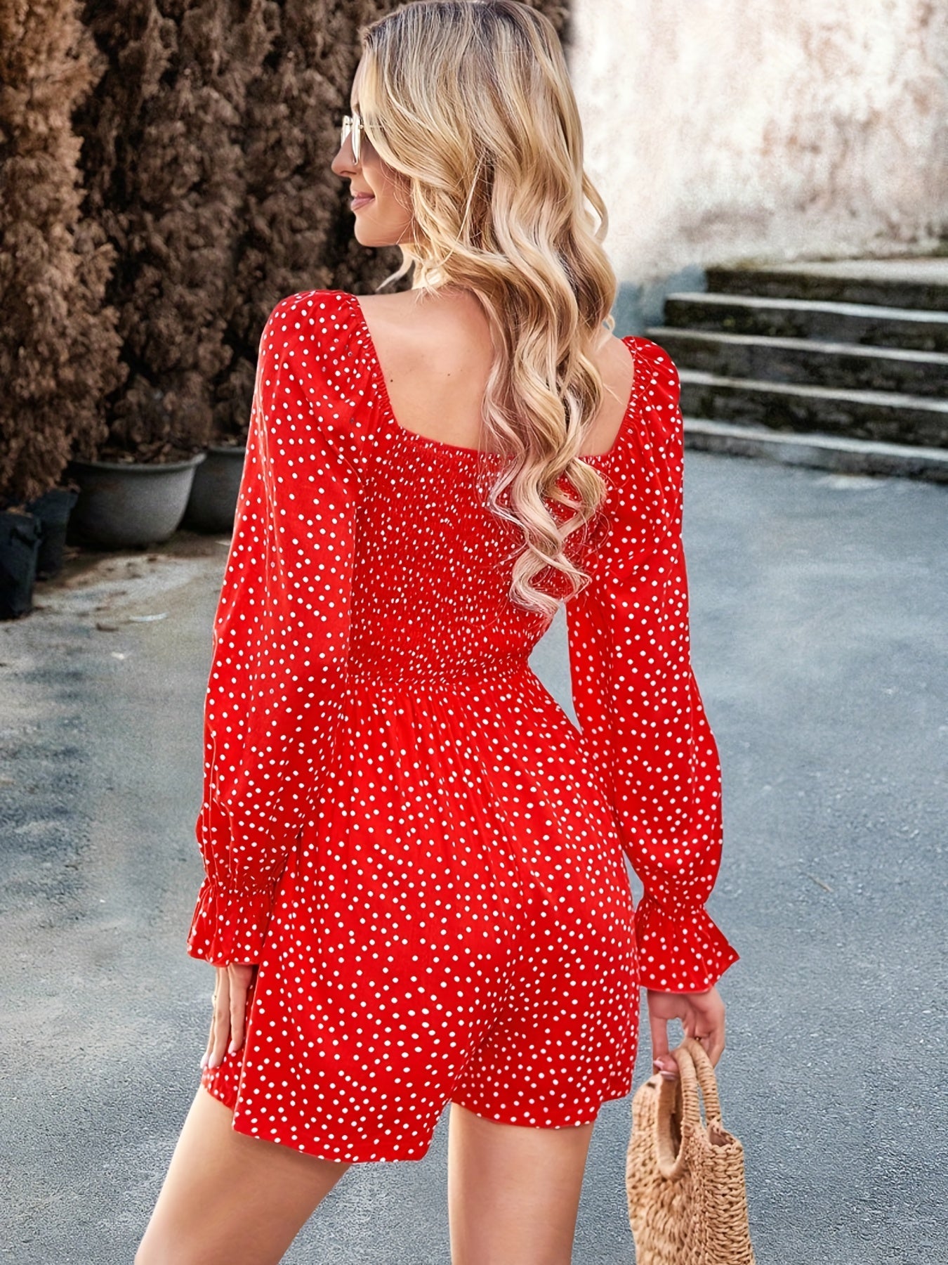 Pin Dot Cut Out Romper Casual Long Sleeve Drawstring Romper