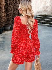 Pin Dot Cut Out Romper Casual Long Sleeve Drawstring Romper