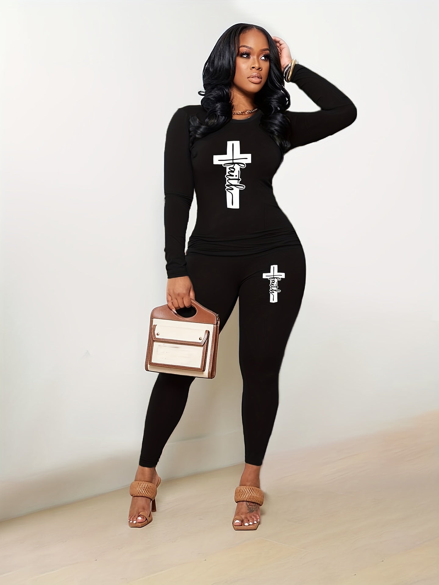 Cross & Letter Print Long Sleeve T-shirt & Leggings Set