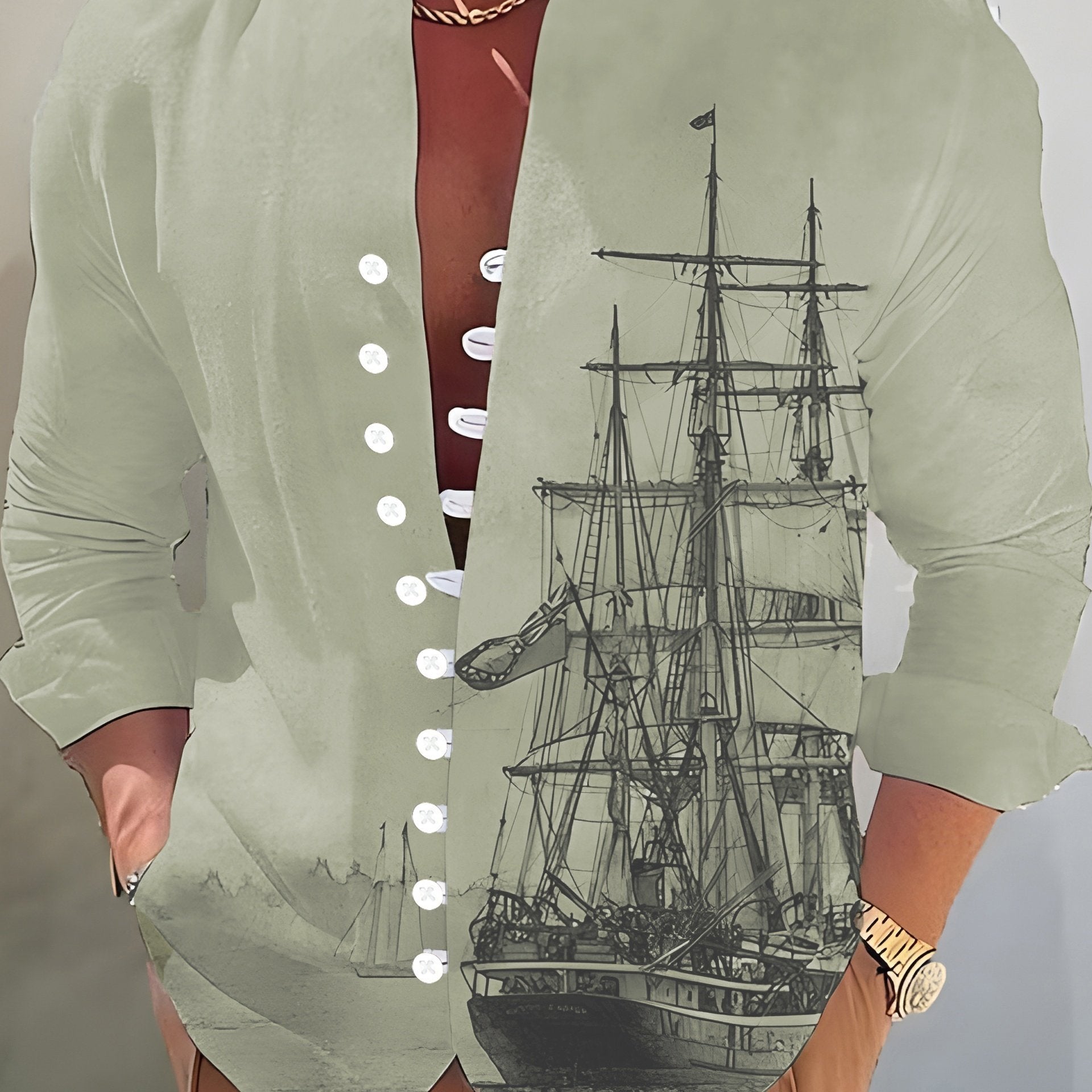 Sailboat 3D Pattern Print Men's Casual Long Sleeve Shirt