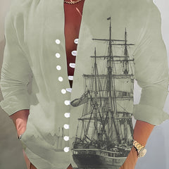 Sailboat 3D Pattern Print Men's Casual Long Sleeve Shirt
