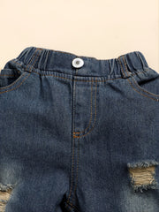 Kids Casual Letter Print Hooded Sweatshirt & Ripped Denim Pants Set