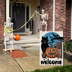 Halloween Garden Flag Burlap Spooky Ghost Pumpkin Cat Bat Moon Sign