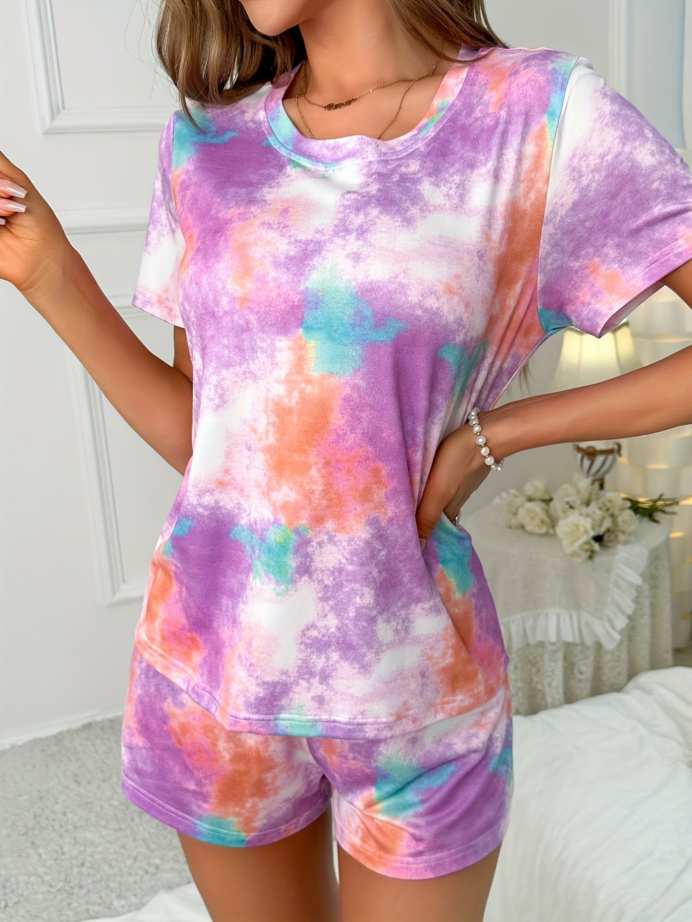 Tie Dye Lounge Set Crew Neck Top & Shorts Women's Loungewear