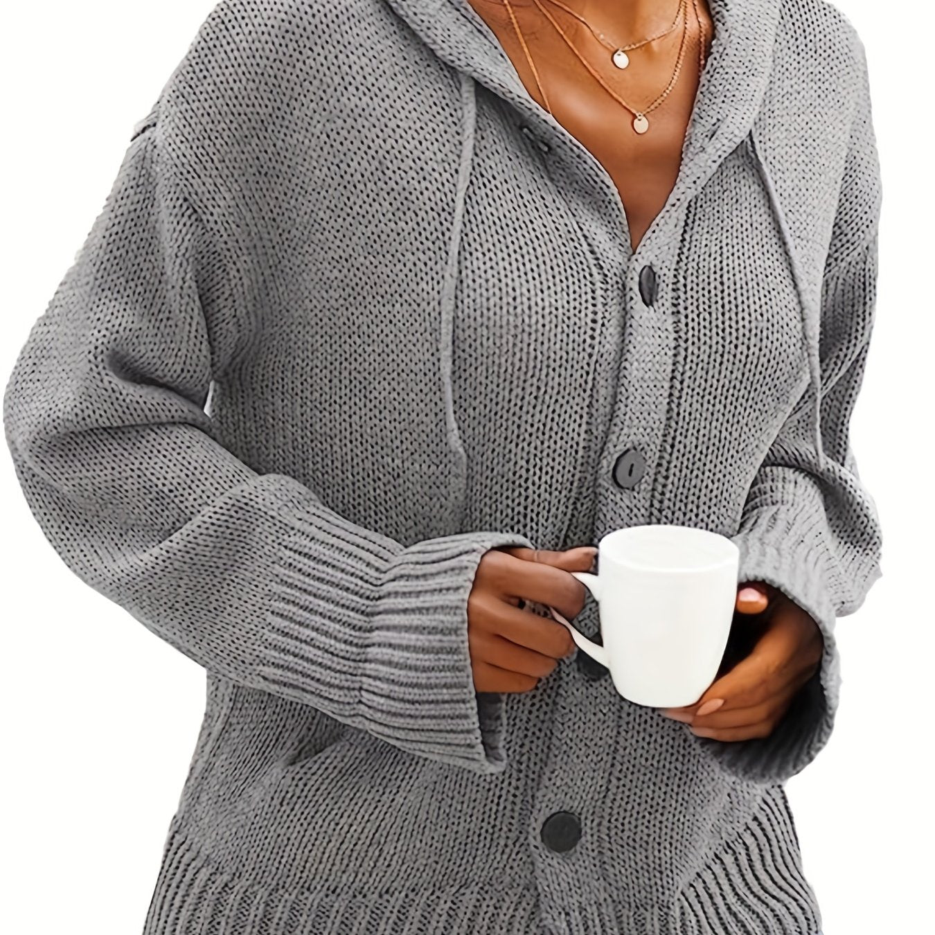 Solid Button Front Hooded Cardigan Casual Long Sleeve Cardigan