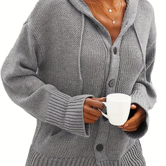 Solid Button Front Hooded Cardigan Casual Long Sleeve Cardigan