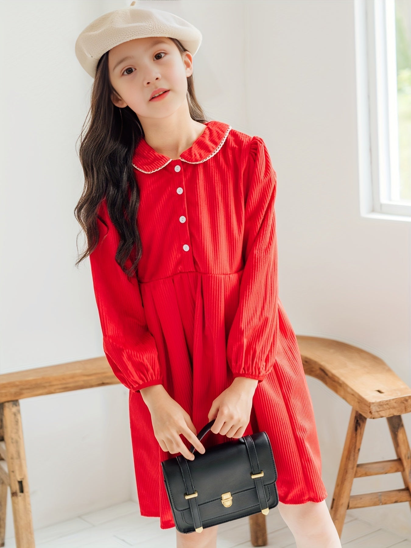 Cotton Girls Vintage Collar Long Sleeve Dress Kids Clothes