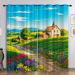 2pcs Flowers Blooming Scenery Curtains Tapestries Outdoor Decor