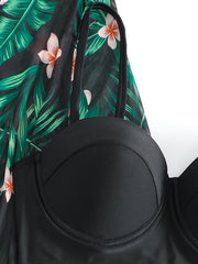 Tropical Floral & Leaf Bikini Set V Neck High Cut Swimsuit with Cover Up Shirt
