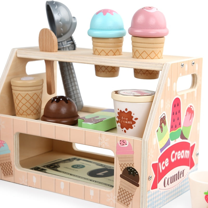 Wooden Ice Cream Toy Playset for Kids, Ice Cream Shop Game Store Gift