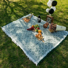 Retro Style Picnic Mat w/ Tassels, Foldable & Portable Lawn Mat