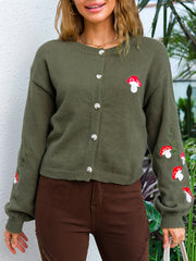Mushroom Embroidery Knit Cardigan Button Front Long Sleeve Sweater