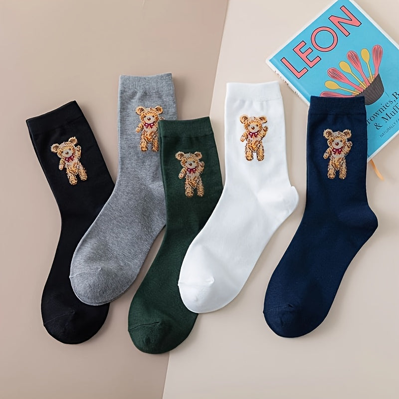 5 Pairs Cartoon Bear Print Socks Women's Stockings & Hosiery