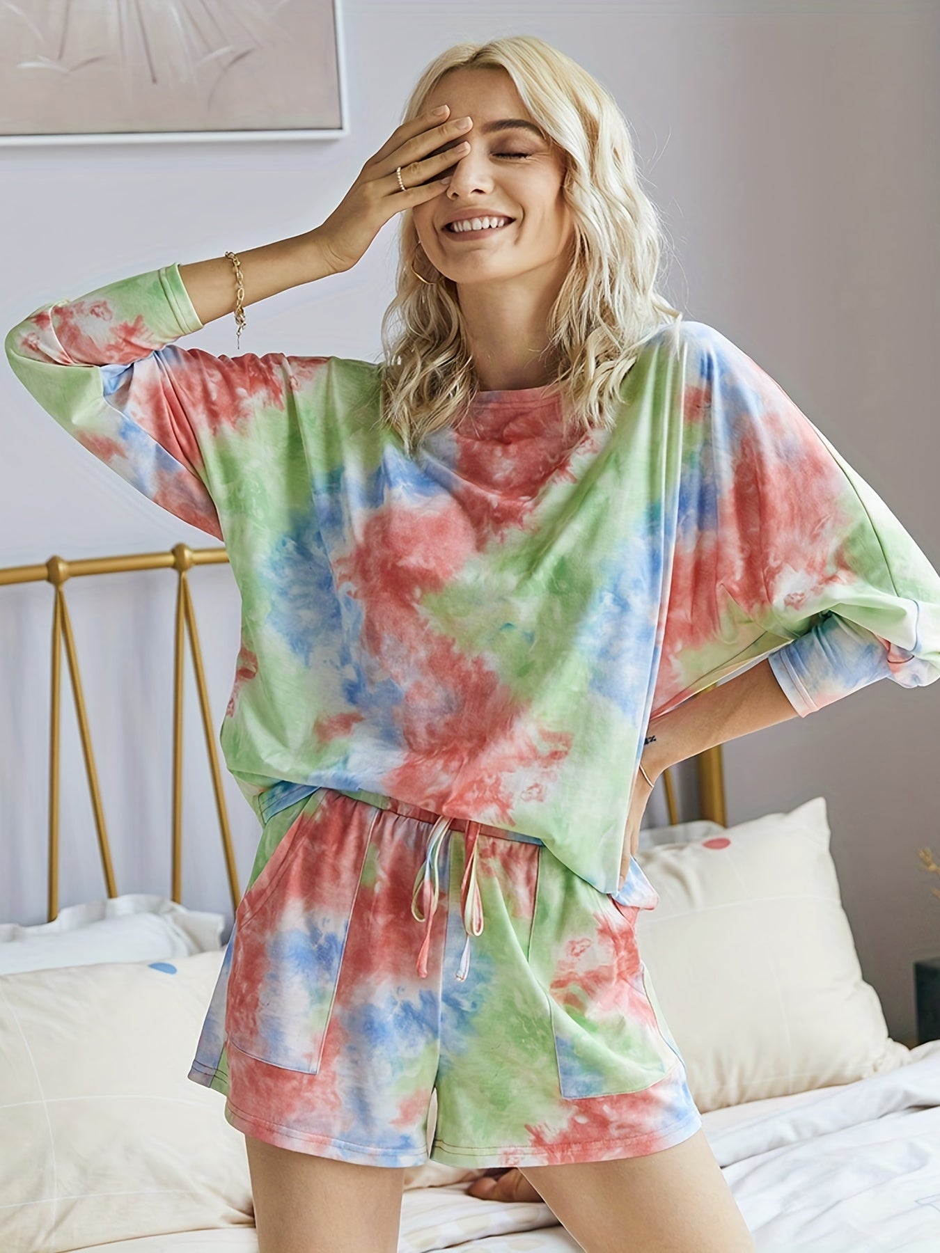 Tie Dye 2pc Set Long Sleeve Top & Drawstring Shorts