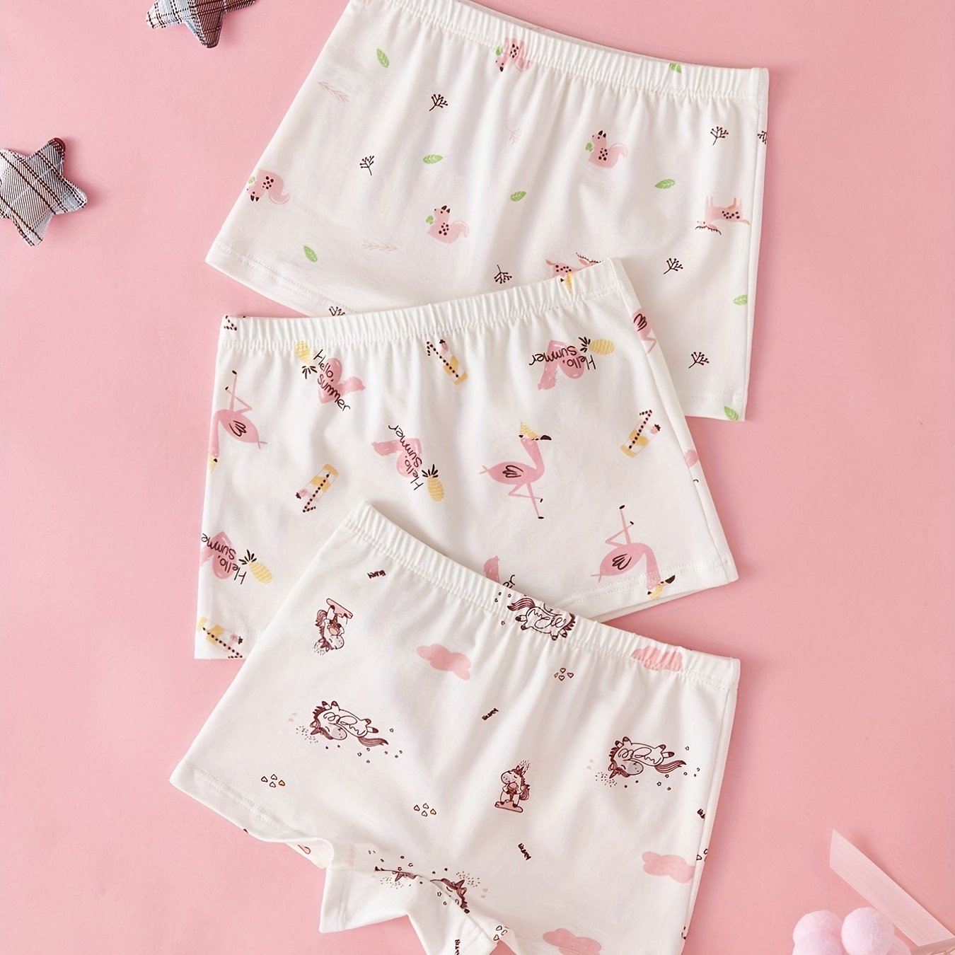 3pcs Girls Boxer Briefs Elastic Waist Cartoon Animals Print Underwear
