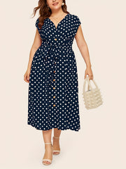 Polka Print Cap Sleeve V Neck Dress With Belt