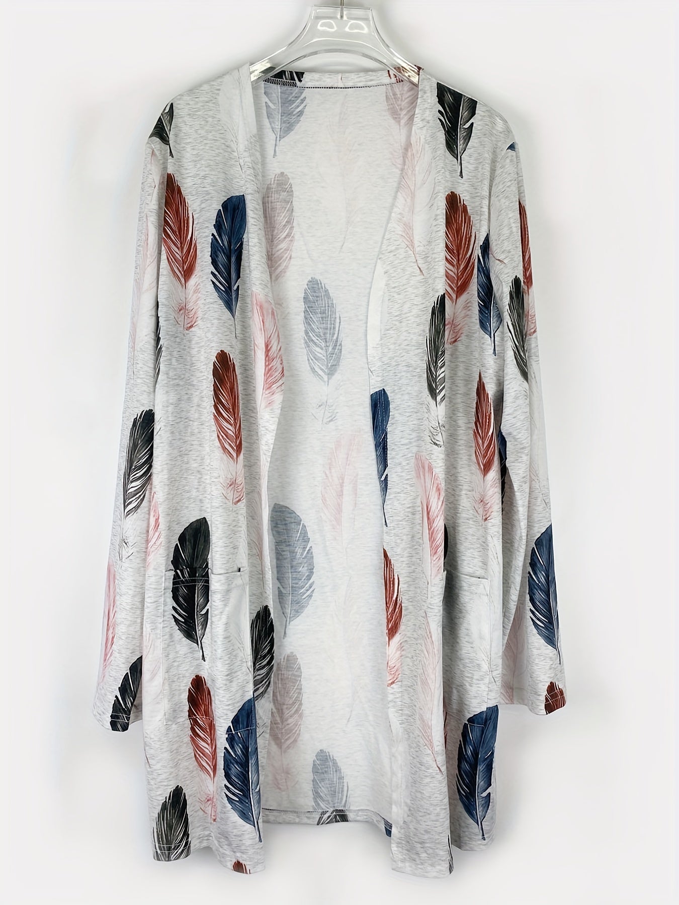 Feather Print Long Sleeve Open Front Cardigan With Pockets