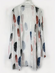 Feather Print Long Sleeve Open Front Cardigan With Pockets