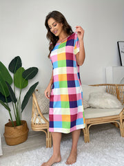 Rainbow Plaid Pajama Dress Comfy Nightwear