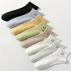 8 Pairs Smiling Face Print Socks Comfy Crew Short Socks Women's Stockings