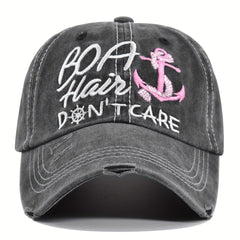 Boat Hair Don't Care Baseball Cap Vintage Washed Distressed Embroidery Dad Hat