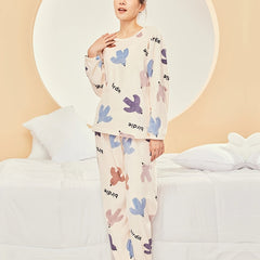 Cartoon Print Fuzzy Pajama Set Long Sleeve Top & Elastic Waistband Pants