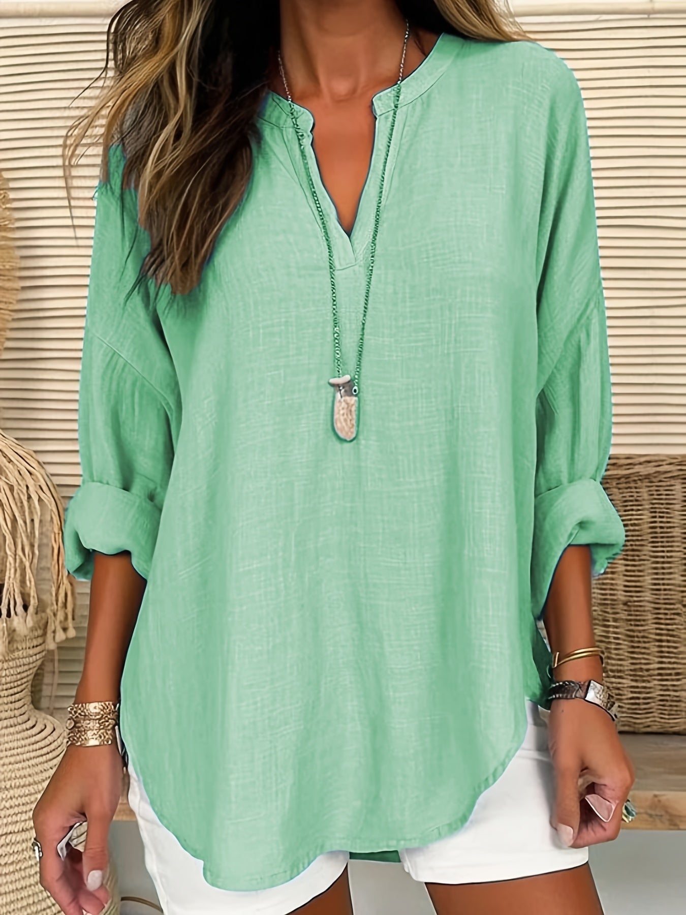 Women's Plus Solid Long Sleeve Notched Neck Tunic Top