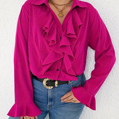 Casual Blouse Women's Plus Solid Ruffle Trim Button Up Bell Sleeve