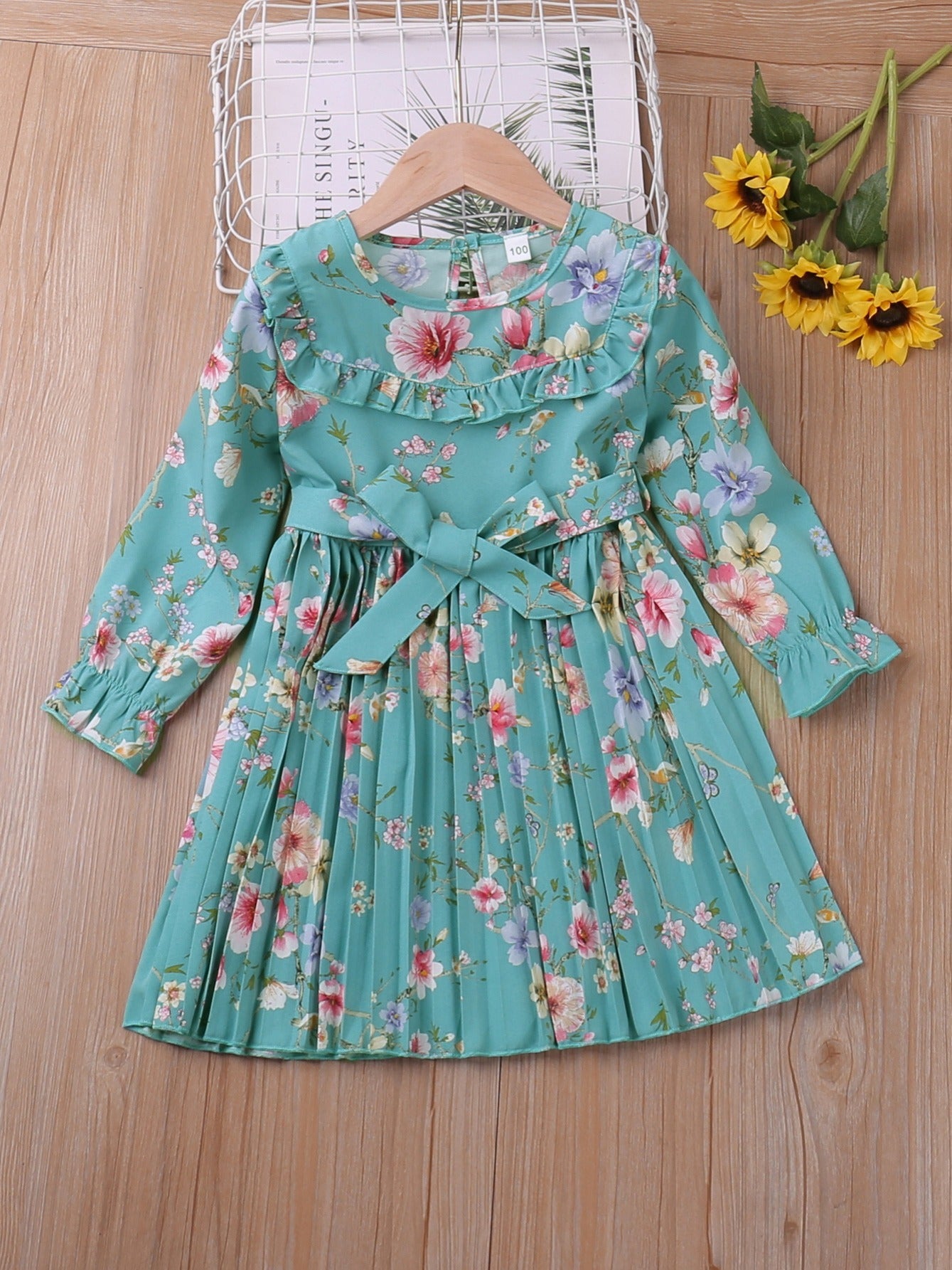 Girls Floral Botanical Print Long Sleeve Dress