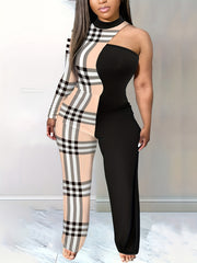Colorblock Plaid Print One Shoulder Jumpsuit