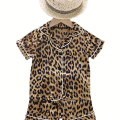 Kid's Leopard Satin Pajamas 2pcs Short Sleeve Top & Shorts Set