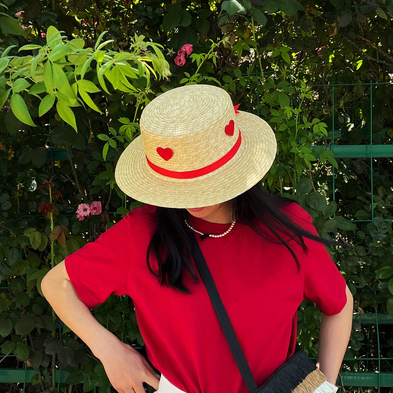Heart Ribbon Decor Hat Flat Top Jazz Straw Hat UV Protection Summer Travel Beach