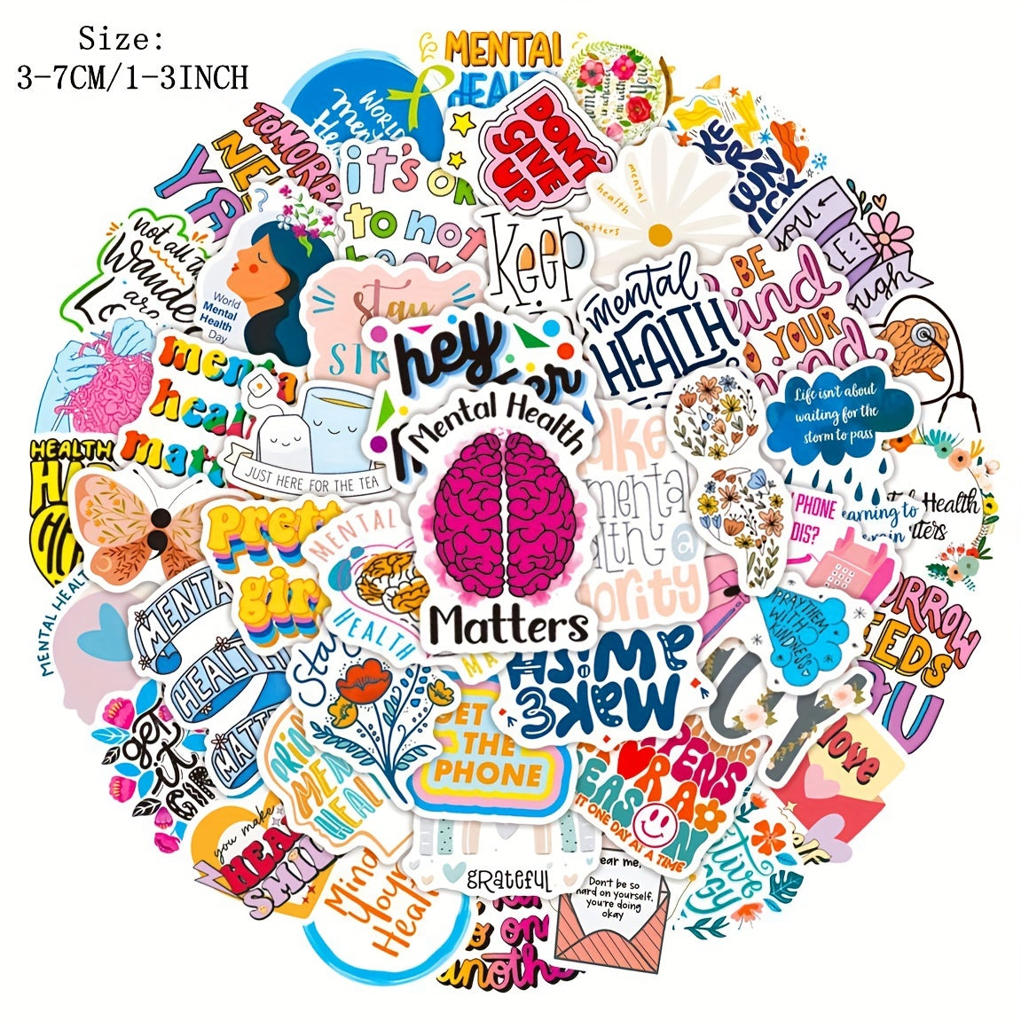 Set of 50 Mental Health Inspired English Stickers for Laptop Car Wallet & More