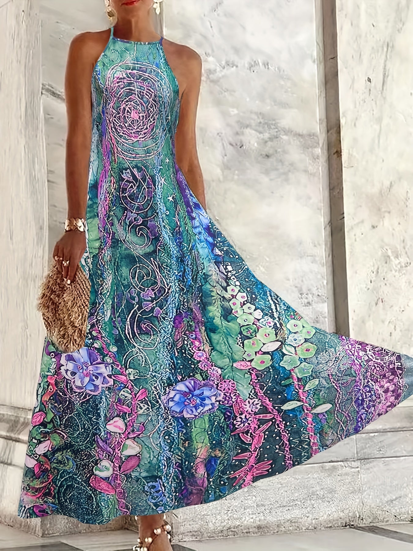 Floral Print Halter Maxi Dress Sleeveless Casual Dress