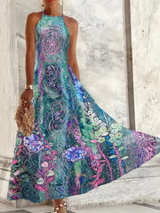Floral Print Halter Maxi Dress Sleeveless Casual Dress