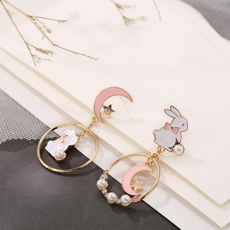 Rabbit Star Moon Earrings Bunny Faux Pearl Crystal Drop Earring